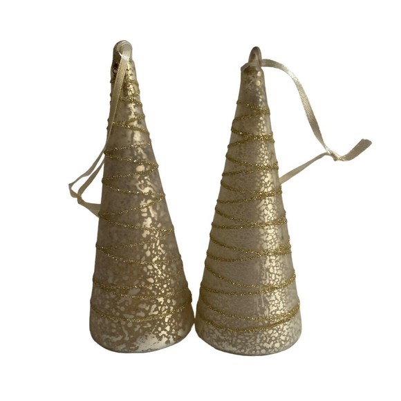 Crate + Barrel Christmas Ornaments x2 Silver + Gold Glass Trees - Picture 1 of 5